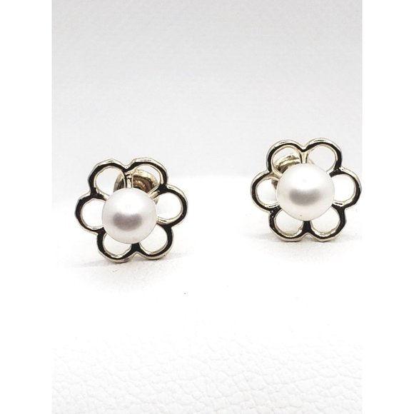 Flower Pearl Baby / Toddler / Kids Earrings Safety Screw Back - 14k Gold - Picture 4 of 11